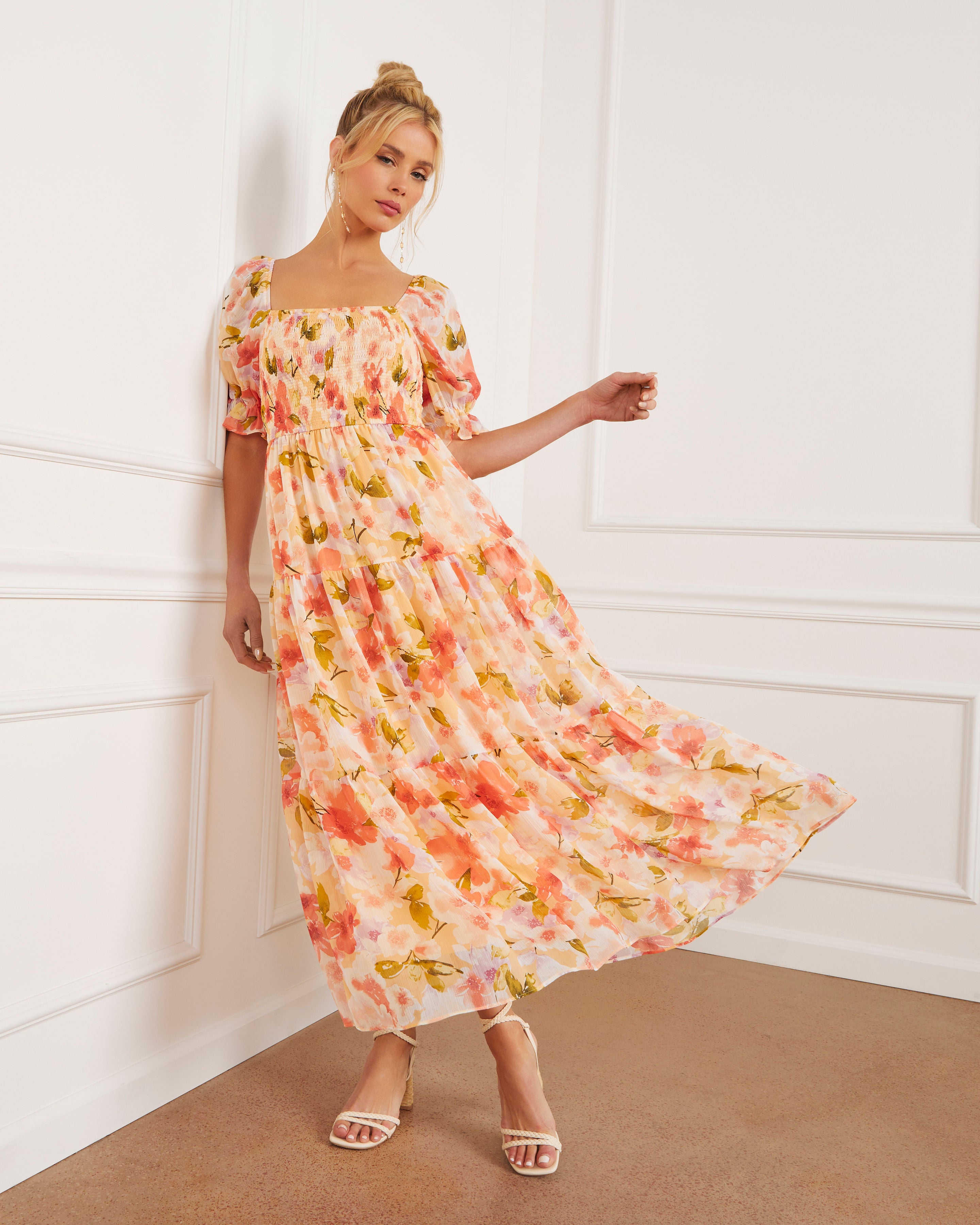 Floral Fantasy Skies Smocked Tiered Puff Sleeve Maxi Dress – VICI