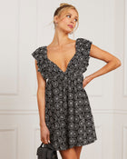 Black Floral % Daniela V-Neck Babydoll Mini Dress-1