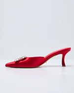 Red Satin % Lets Dance Rhinestone Buckle Mule-5