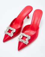 Red Satin % Lets Dance Rhinestone Buckle Mule-2