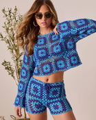 Blue Multi % Clio Geometric Crochet Cover Up Top-1
