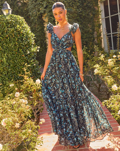 Meadow Ritual Floral Cut Out Maxi Dress in Blue Floral