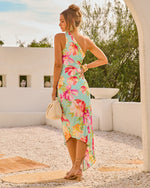 Modern Day Glam Printed One Shoulder Asymmetrical Maxi Dress