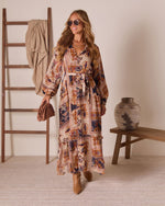 Brown Multi % Send Love Belted Floral Print Midi Dress-6