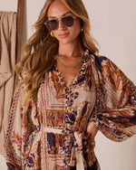 Brown Multi % Send Love Belted Floral Print Midi Dress-2