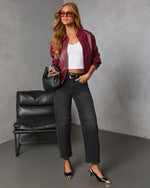 Muted Maroon Leather Bomber Jacket