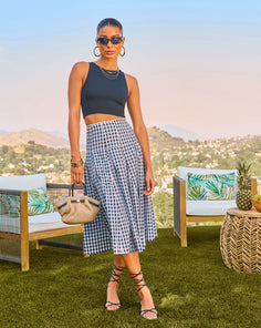 Coastal Picnic Cotton Gingham Print Midi Skirt