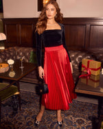 Red % Home To You Pleated Satin Midi Skirt-1