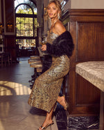 Gilded Hour Paisley Print Sequin Midi Dress