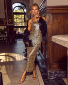 Gilded Hour Paisley Print Sequin Midi Dress