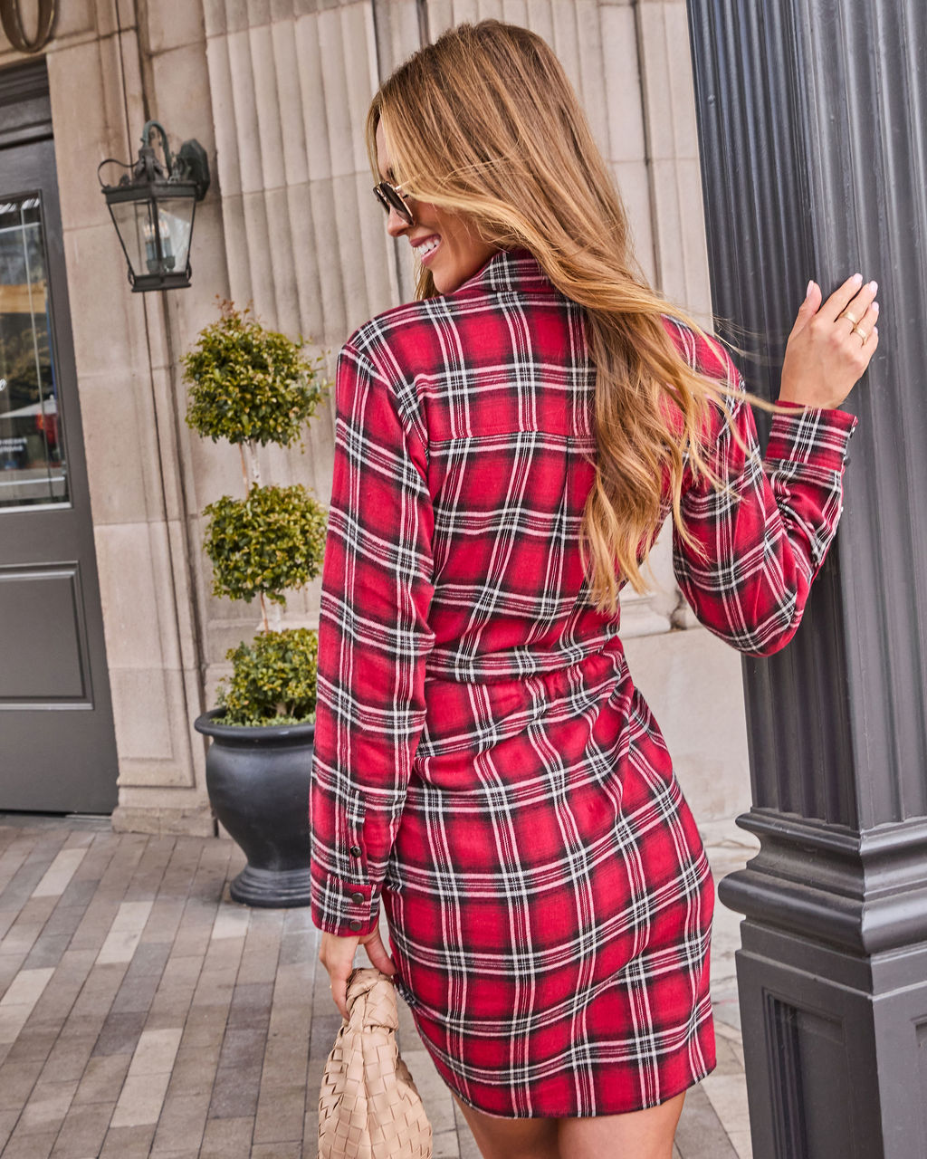 twist of fate v neck mini dress plaid Archie Cotton Ruched Plaid Shirt Dress in Red Plaid