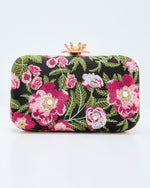 Black Multi % Freesia Embroidered Hard Case Clutch-3