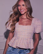 Happy Place Tweed Puff Sleeve Peplum Top