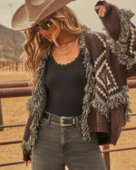 Harvested Dreams Aztec Print Fringe Trim Cardigan
