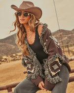 Harvested Dreams Aztec Print Fringe Trim Cardigan