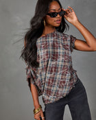 Alessi Plaid Off the Shoulder Frayed Trim Top