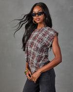 Alessi Plaid Off the Shoulder Frayed Trim Top