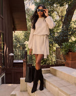 Cream % Caitlin Long Sleeve Tie Waist Sweater Dress-6