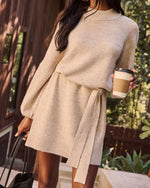 Cream % Caitlin Long Sleeve Tie Waist Sweater Dress-5