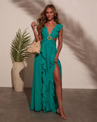 Green % Carlita Ruffle Cutout Maxi Dress-1
