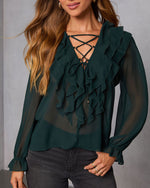 Emerald % Prunella Ruffle Lace Up Top-5