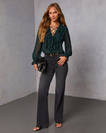 Emerald % Prunella Ruffle Lace Up Top-6