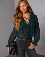 Emerald % Prunella Ruffle Lace Up Top-1