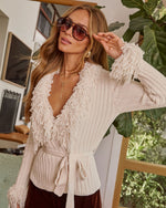 Daija Knit Shaggy Lapel Waist Tie Cardigan