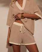 Taupe % Cloud Nine Drawstring Contrast Trim Shorts-1