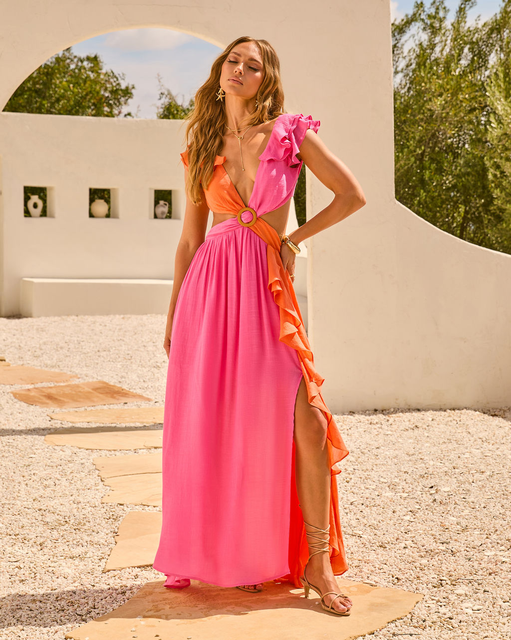 pink color block dress Solaya Cut Out Color Block Maxi Dress in Hot Pink/Orange