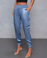 Slate Blue % Luxe Look Satin Pocketed Joggers-3