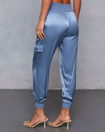 Slate Blue % Luxe Look Satin Pocketed Joggers-4
