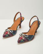 Hollye Plaid Rhinestone Bow Slingback Heels