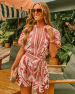 Sorella Shore Cotton Tropical Abstract Waist Tie Romper
