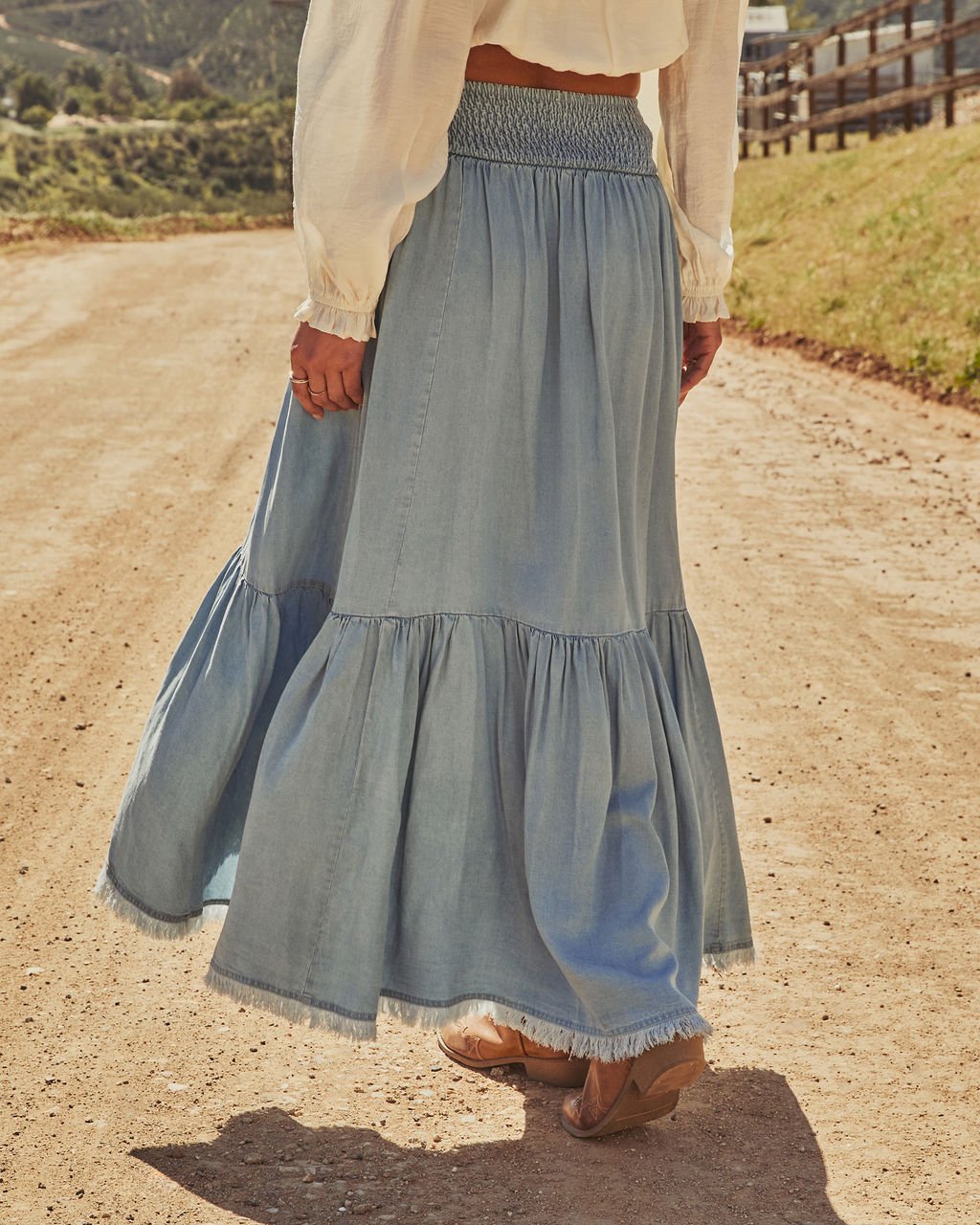Prairie Rebel Frayed High Low Denim Maxi Skirt – VICI