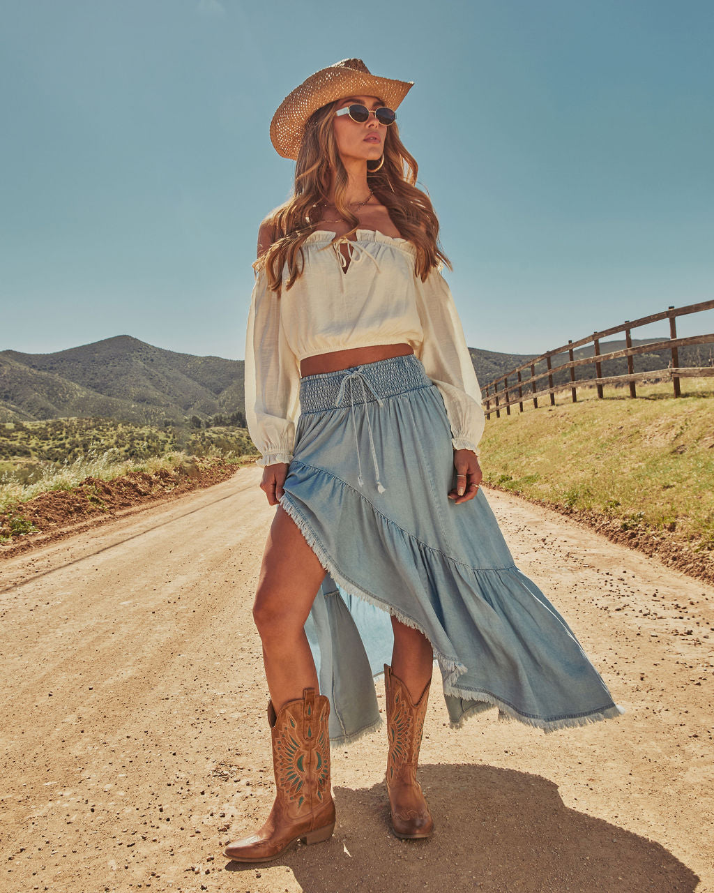 Prairie Rebel Frayed High Low Denim Maxi Skirt – VICI