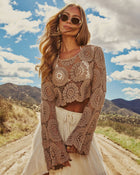 Taupe % Boho Breeze Long Sleeve Crochet Top-1