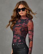Faded Rose Floral Mesh Mock Neck Top