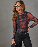 Faded Rose Floral Mesh Mock Neck Top