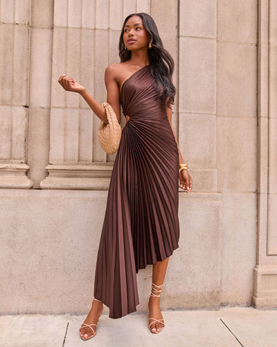 asymmetric dress Modern Day Glam One Shoulder Asymmetrical Maxi Chocolate / XS and a concealed zipper Pleated A-Line Maxi Tank Furniture Color:Dusk