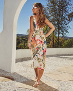 Citrus Bloom Printed Wrap Tie Midi Dress