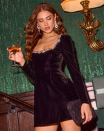 Janith Velvet Embellished Neckline Mini Dress