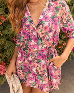 Pink/Peach % Lorian Floral Waist Tie Romper-6