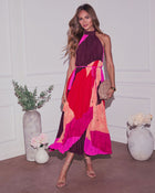 Sunset Cosmo % Cheyenne Abstract Pleated Halter Midi Dress-1