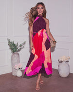 Sunset Cosmo % Cheyenne Abstract Pleated Halter Midi Dress-6