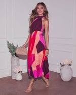 Sunset Cosmo % Cheyenne Abstract Pleated Halter Midi Dress-3