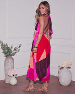 Sunset Cosmo % Cheyenne Abstract Pleated Halter Midi Dress-4