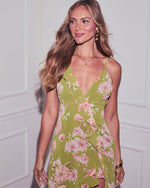 Green Multi % Capriccio Satin Floral Ruffle Maxi Dress-2