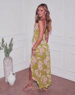 Green Multi % Capriccio Satin Floral Ruffle Maxi Dress-4