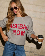 Grey/Red % Baseball Mom Knit Pullover Sweater-5